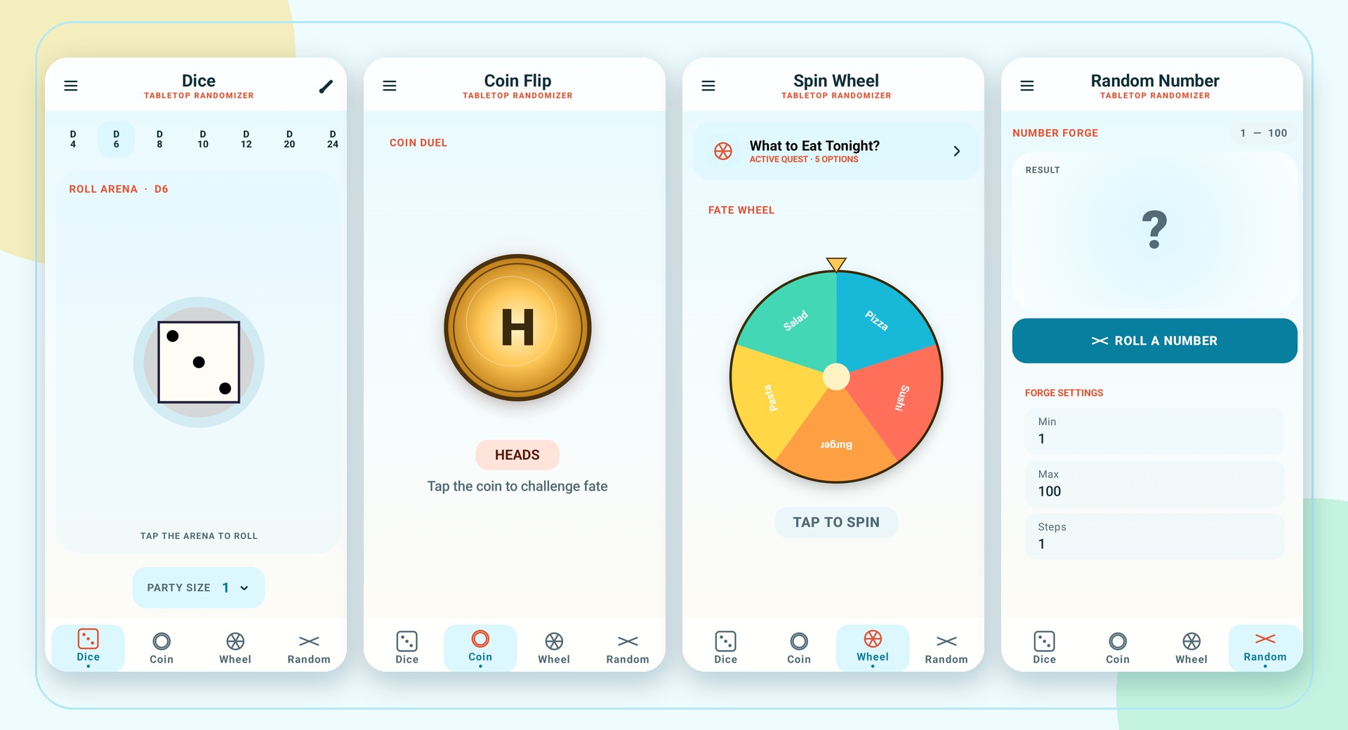 Dice Roller dice, coin flip, spin wheel, and random number screens captured from the current Android build
